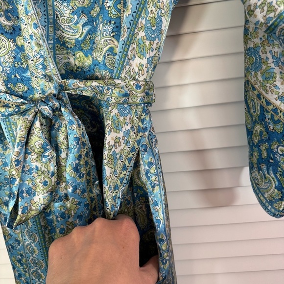 Oscar De La Renta Satin Kimono Robe Belted Paisley Blue Mobwife Sleepwear Small - Picture 4 of 9